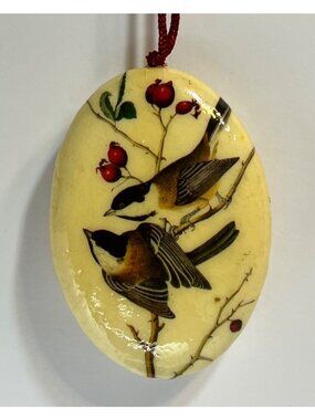 Oval Bird Ornament With Red Berry Design & Red Cord Nature Collectable Vintage